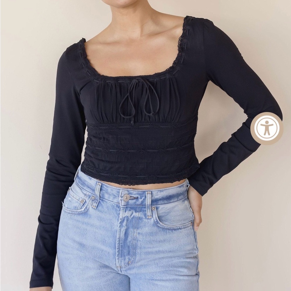 Free People Scarlet Smocked Long Sleeve Crop Top in Black XS